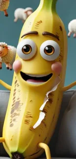 Cartoon banana with sheep in a playful scene.