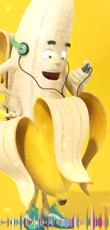 Cheerful banana wearing headphones on yellow background.