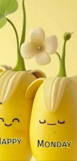 Two smiling cartoon bananas with a happy vibe.