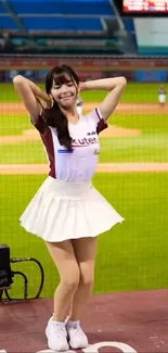 Cheerleader at a baseball stadium with vibrant field backdrop.