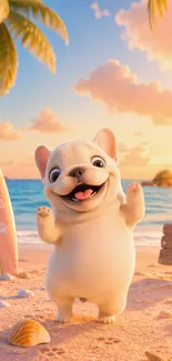 Cute cartoon puppy on a sunny beach with palm trees and surfboards.