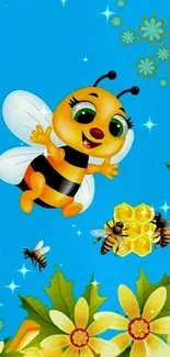 Cheerful cartoon bee with flowers and honeycomb on blue background.