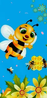 Cartoon bee with flowers and honeycomb on blue background.