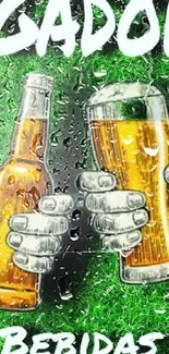 Hands clinking beer bottles on a green background.