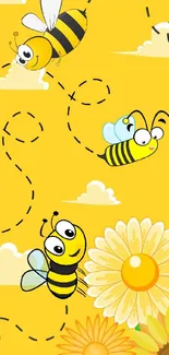 Yellow mobile wallpaper with cartoon bees and sunflowers.