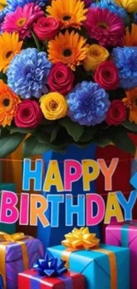 Colorful birthday bouquet and gifts with 'Happy Birthday' sign.