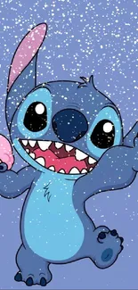 Adorable blue character with ice cream on a lavender blue background.