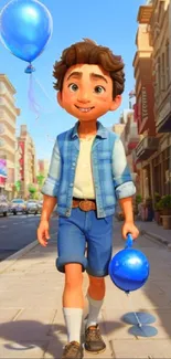 Animated boy with blue balloons on a city street.