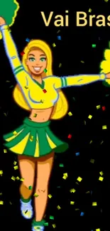 Vibrant Brazil cheerleader with confetti on festive mobile wallpaper.