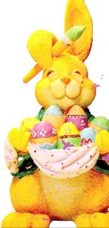 Cheerful yellow bunny with colorful Easter eggs.