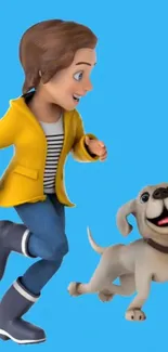 Cartoon character joyfully running with a dog on a vibrant blue background.