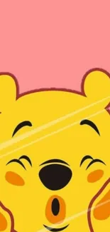 Cheerful yellow cartoon bear on peach background.