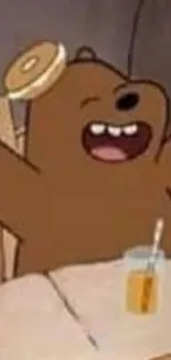 Cheerful cartoon bear holding honey.