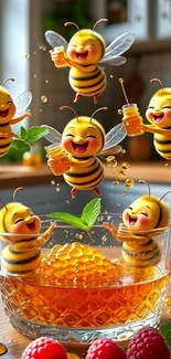 Adorable cartoon bees with honey in a jar.