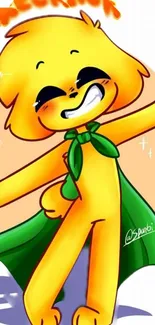 Cheerful yellow cartoon character with a green cape, smiling widely.