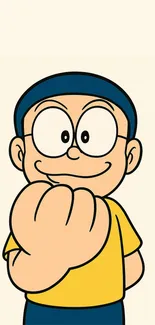 Cartoon character in yellow shirt with a cheerful expression.