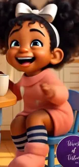 Cute animated girl with a joyful expression on a colorful background.