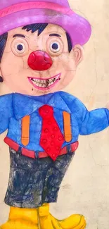 Colorful cartoon clown holding a red balloon.