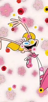 Cheerful cartoon character with pink flowers.