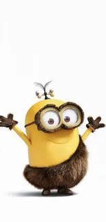 Cheerful cartoon minion posing on a white background.