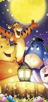 Beloved cartoon characters celebrate under a glowing night sky.