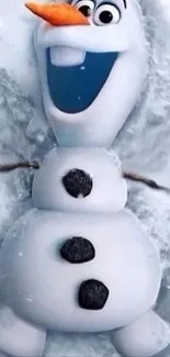 Cheerful animated snowman on snowy background