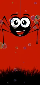 A cheerful cartoon spider on a red background with bubbles.