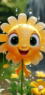 Cheerful cartoon sunflower with morning dew drops.