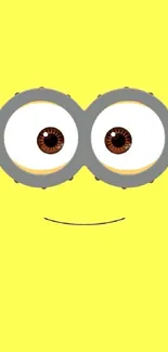 Smiling cartoon face with goggles on a bright yellow background.