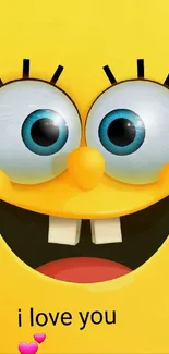 Cheerful cartoon character with smiling face on yellow background.