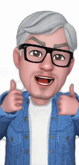 Cheerful avatar with blue jacket and gray hair.