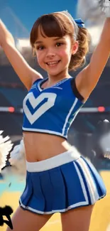 Energetic cheerleader smiles in blue uniform with vibrant stadium backdrop.