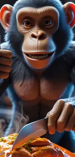 Cartoon chimpanzee smiling with a knife.
