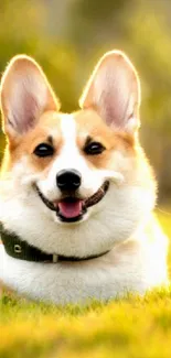 Smiling corgi lying on lush green grass in a sunny park.