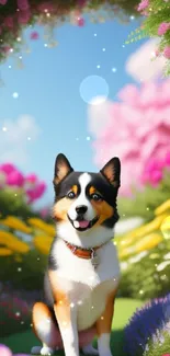 Cheerful dog sitting in a vibrant flower garden with pink and yellow blooms.