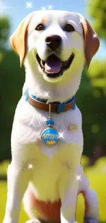 Smiling dog sitting in a sunlit park with vibrant green surroundings