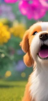 Cheerful dog surrounded by vibrant flowers in a lush garden setting.