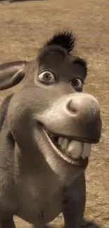 Smiling animated donkey on brown background.