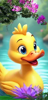 A cheerful animated duckling in a colorful pond with flowers.