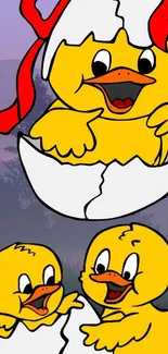 Cartoon ducklings hatching from eggs in a cheerful mobile wallpaper scene.