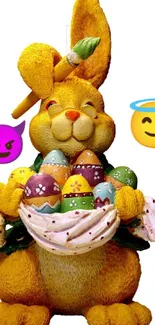 Cheerful Easter bunny holding colorful eggs with playful emojis.