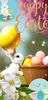 Festive Easter wallpaper with bunny, eggs, and colorful flowers.