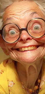 Elderly woman in glasses with cheerful expression, yellow theme.