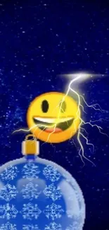 Smiling emoji with lightning on a blue background.