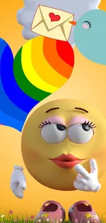 Fun emoji with rainbow heart and love letter on orange background.