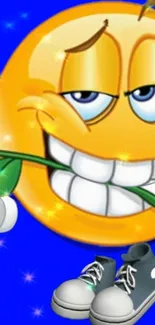 Cheerful emoji with a stem in mouth on blue background.