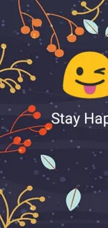 Playful emoji mobile wallpaper with floral design and 'Stay Happy' text.