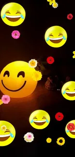 Smiling emojis and flowers on a dark background wallpaper.