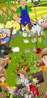 Cheerful cartoon farm scene with animals and farmers.