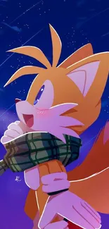 Animated fox character in a starry night sky, wearing a scarf.